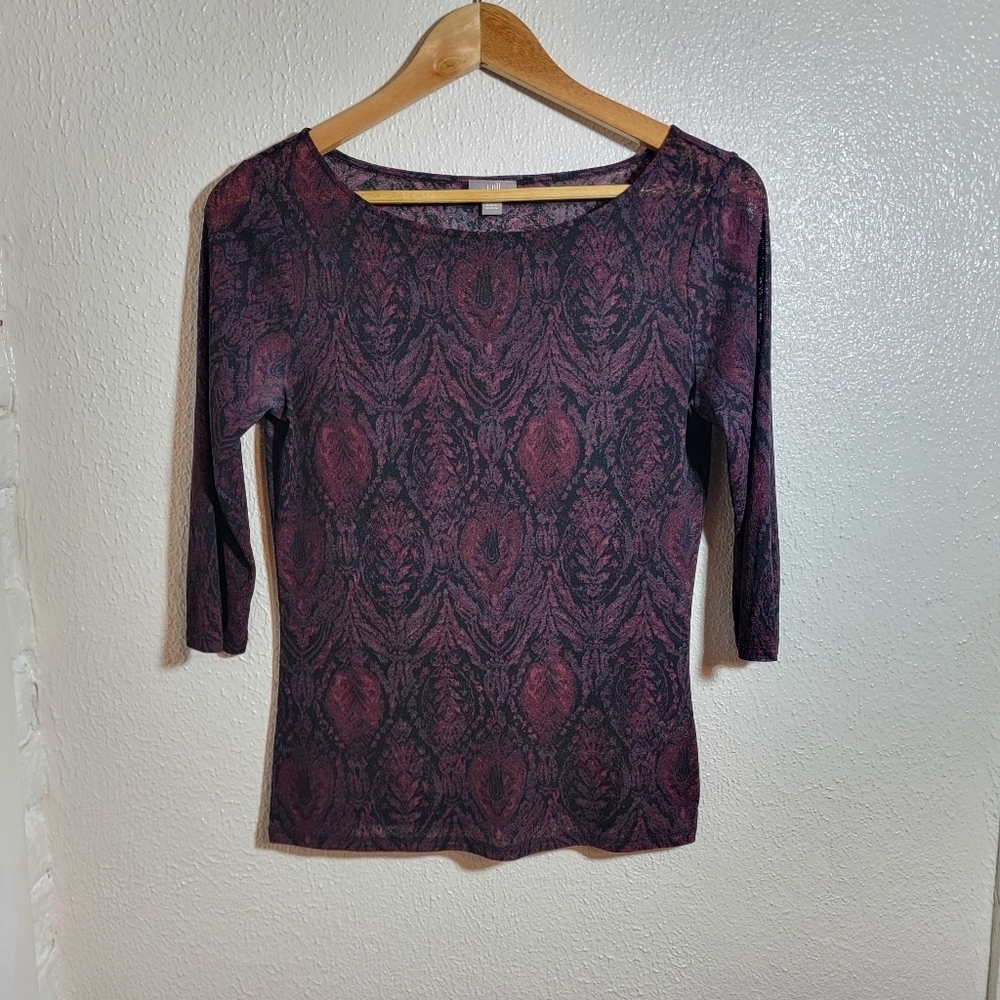 y2k J Jill Paisley Geo Print Sheer Mesh Boat Neck Top Whimsygoth Fairy Grunge S